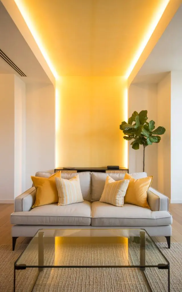 A photograph of a light gray sofa centered in a uniquely designed yellow living room. The sofa is plush and inviting, layered with golden-yellow and ivory throw pillows, while a sleek glass coffee table sits before it, reflecting the buttery yellow ceiling above. Soft recessed lighting illuminates the ceiling, highlighting its warm glow against the crisp white walls and natural wood floors, with a minimalist media console against the far wall. A single potted fiddle-leaf fig tree stands in a corner, its lush green leaves adding a touch of life and vibrancy to the serene, cozy space.
