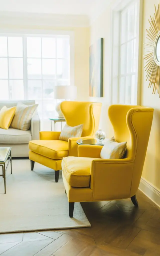 A photograph of a bright yellow living room centered around a pair of vibrant yellow accent chairs. The chairs have elegantly curved backs and tapered wooden legs, each adorned with a small ivory and gray patterned lumbar pillow. A light beige sofa sits opposite the chairs, arranged around a sleek glass coffee table, while a sunburst mirror and abstract art add warmth to the walls. Natural light streams through large windows, illuminating the space and enhancing the room’s inviting and social atmosphere.