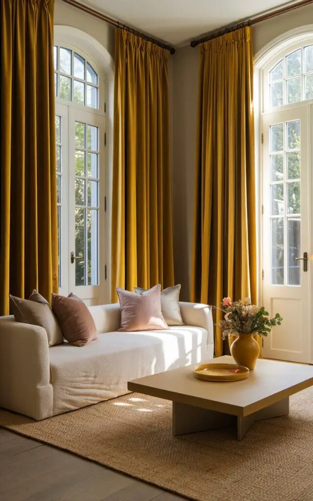A photo of a small yellow living room with tall, flowing saffron-yellow curtains framing a wall of French windows, allowing sunlight to bathe the space in warmth. The room features a very cozy sofa upholstered in soft off-white fabric with plush cushions in golden and taupe tones. The curtains provide a dramatic, luxurious contrast to the light gray walls. A low wooden coffee table sits atop a neutral flat-weave rug, adorned with fresh flowers on a yellow vase. The room feels grounded and elegant, with natural light and golden hues working in harmony.