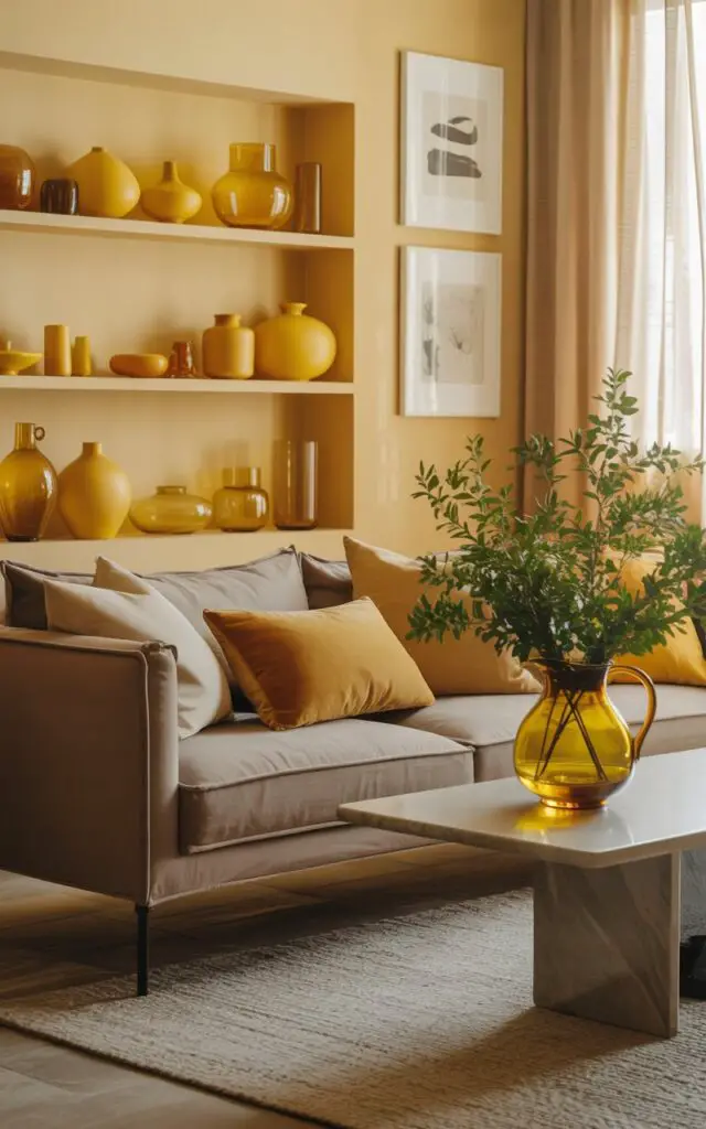 A photograph of a beautifully styled yellow living room centered around a cozy taupe sofa. The sofa is layered with soft throw pillows in various shades of yellow, facing a built-in shelf displaying a curated collection of yellow ceramics and glass vases, bowls, and candleholders ranging from translucent amber to matte mustard. A yellow-glazed pitcher brimming with vibrant greenery sits on a sleek coffee table, while a gallery wall of minimalist black and white art provides subtle contrast against the light wood floors and neutral textiles. Warm, diffused natural light streams through sheer linen curtains, creating a feeling of serenity and modern warmth.