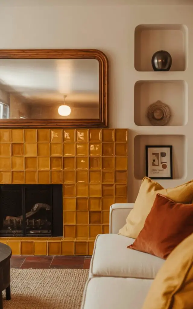 A photograph of a living room's striking fireplace, tiled in handcrafted mustard-yellow ceramic, acting as the focal point. The glossy tiles shimmer warmly, reflecting the soft glow of a nearby modern lamp, and their vibrant hue contrasts beautifully with a cream-colored sofa layered with gold and rust pillows.  A large, ornate wood-framed mirror hangs above the fireplace, subtly reflecting the room’s cozy atmosphere and a small, framed print of “Abstract Forms” on the built-in shelves beside it.  The room is bathed in warm, inviting light, highlighting the tactile comfort of a woven rug and enhancing the overall sense of character and artisan flair.
