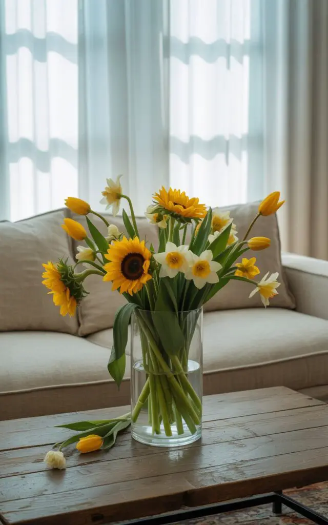 A photograph of a tall glass vase brimming with fresh yellow florals, including sunflowers, daffodils, and tulips, sitting on a rustic wooden coffee table. The vase is positioned in front of a plush beige linen sofa, and the flowers’ bright colors contrast beautifully with the neutral tones of the room, creating a cheerful and inviting atmosphere. Soft, diffused sunlight streams through light-filtering white curtains, gently illuminating the petals and casting a warm glow on the wooden floor, emphasizing the room’s tranquil simplicity. The scene conveys a sense of calm and natural beauty, inviting the viewer to relax and enjoy the peaceful ambiance.