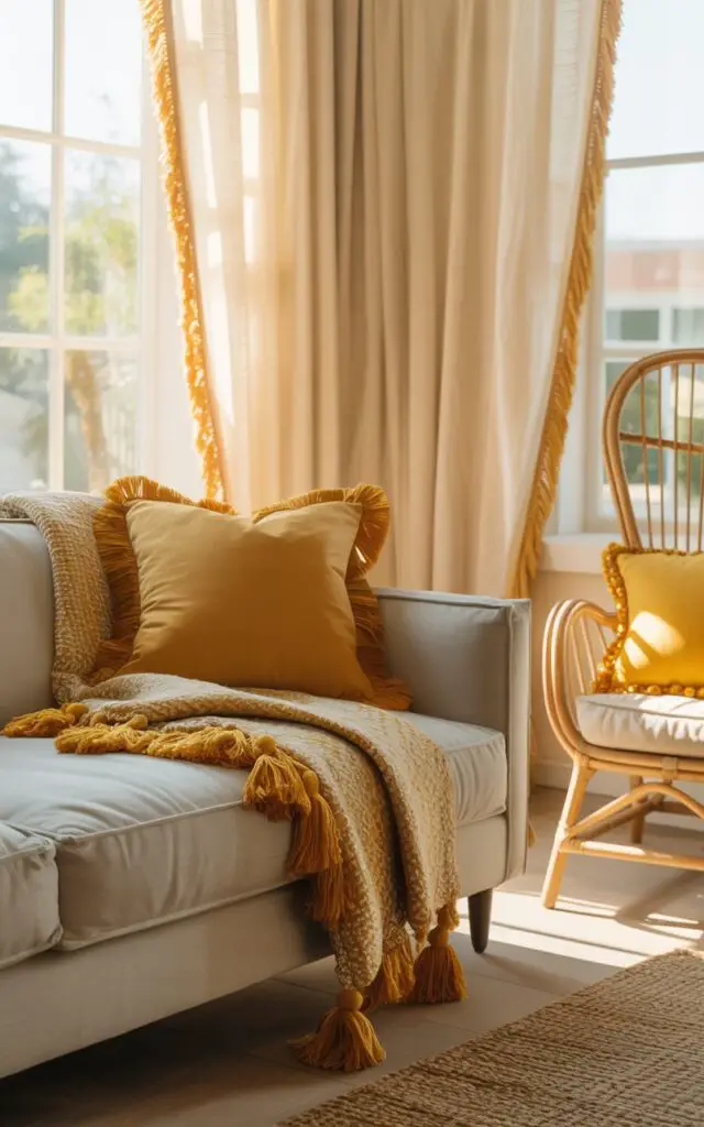 A photograph of a cozy living room bathed in warm afternoon sunlight, showcasing a plush, neutral-toned sofa as the central focus. The sofa is elegantly adorned with mustard-yellow fringed pillows and a thick throw blanket with playful yellow tassels cascading over the armrest, creating a sense of inviting texture. Tall, off-white curtains with delicate yellow fringe trim frame the windows, softly filtering light, while a nearby rattan armchair holds a sunshine yellow cushion trimmed with subtle beaded detailing. The room exudes a boho-meets-glam aesthetic, grounded by pale wood floors and natural jute accents, fostering a sense of relaxed luxury.