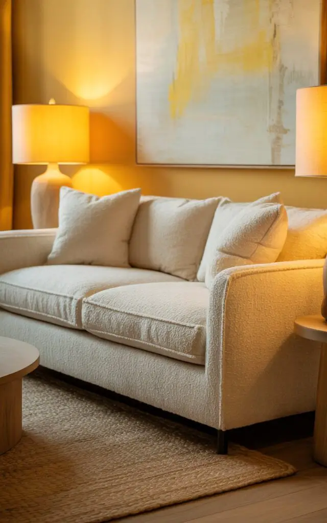 A photograph of a creamy white boucle sofa illuminated by the warm glow of two table lamps in a cozy yellow living room. The sofa features plush, oversized cushions and is positioned directly facing the camera, showcasing its soft texture and inviting form. Flanking the sofa are two lamps with bold yellow fabric shades, casting a soft, golden hue across the room onto a round wood coffee table and a handwoven jute rug. A large abstract painting with hints of yellow hangs on the wall behind the sofa, completing the stylish and inviting ambiance.