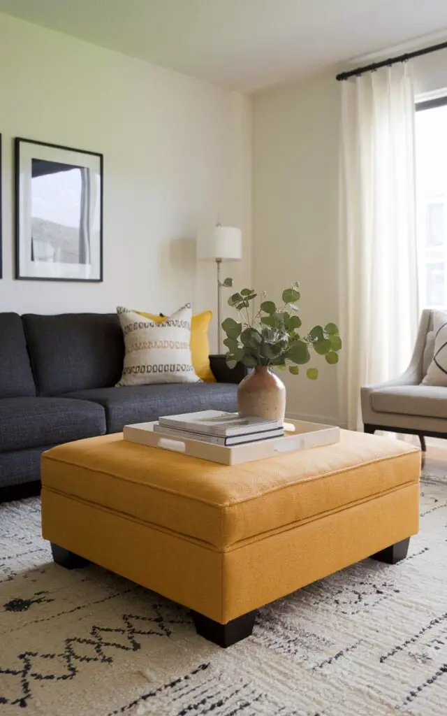 A contemporary yellow living room with a plush, upholstered yellow ottoman in the center of the seating area, doubling as a coffee table and footrest. Positioned in front of a cozy charcoal gray sofa, the ottoman introduces a bright pop of color without overwhelming the space. A tray on top holds a stack of books and a ceramic vase with fresh eucalyptus. The room's clean lines and neutral palette are softened by the cheerful yellow accent, while a textured area rug and minimalist wall art bring sophistication. This simple addition adds function and warmth in equal measure.