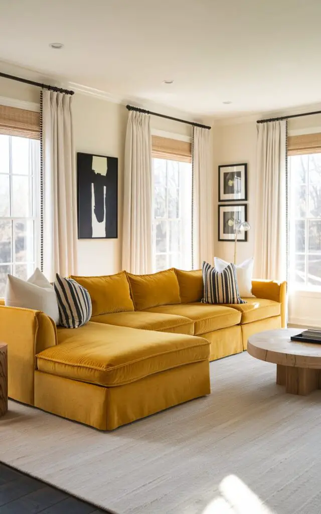A photo of a living room with a bold and beautiful yellow sofa sectional. The sectional is large, with oversized cushions and a chaise section. The room has white walls, black and white art, and a light neutral area rug. There is a round wood coffee table. The room has simple window treatments. The sunlight fills the room, creating a warm and inviting atmosphere.