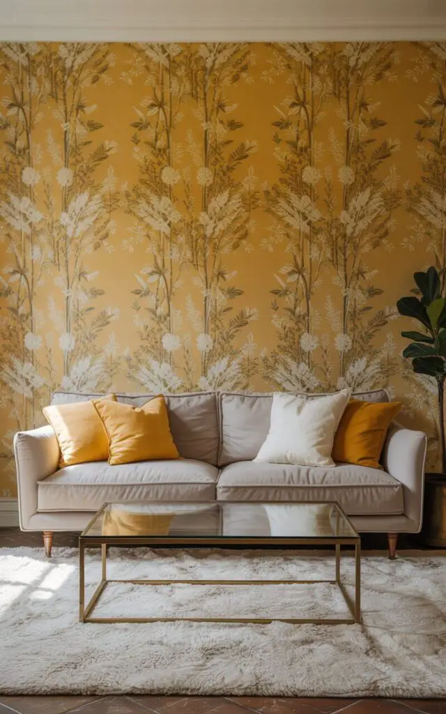 A photograph of a cozy living room bathed in soft, natural light, centered around a striking yellow feature wall. The wall is entirely covered in stunning yellow wallpaper displaying a detailed botanical pattern with crisp white and muted gold accents, drawing the eye immediately. A plush, dove-gray sofa sits gracefully against the wallpaper, adorned with an array of cushions in warm yellows and creamy whites, anchored by a thick ivory rug. A sleek glass-top coffee table with a brushed brass frame sits before the sofa, while a single potted fiddle-leaf fig tree rests in the corner, completing the tranquil and stylish space.