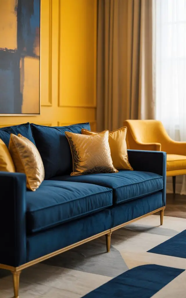 A photograph of a plush navy velvet sofa in a beautifully refined yellow living room. The sofa is the clear focal point, accented by several golden throw pillows featuring intricate geometric patterns, inviting a sense of cozy luxury. Behind the sofa, a yellow wall is adorned with a large contemporary painting displaying bold strokes of navy and ochre, while a modern yellow armchair sits adjacent, grounded by a navy-and-white area rug. Soft, diffused light streams through a nearby window, highlighting the gold and brass accents in the room and creating a warm, inviting atmosphere.