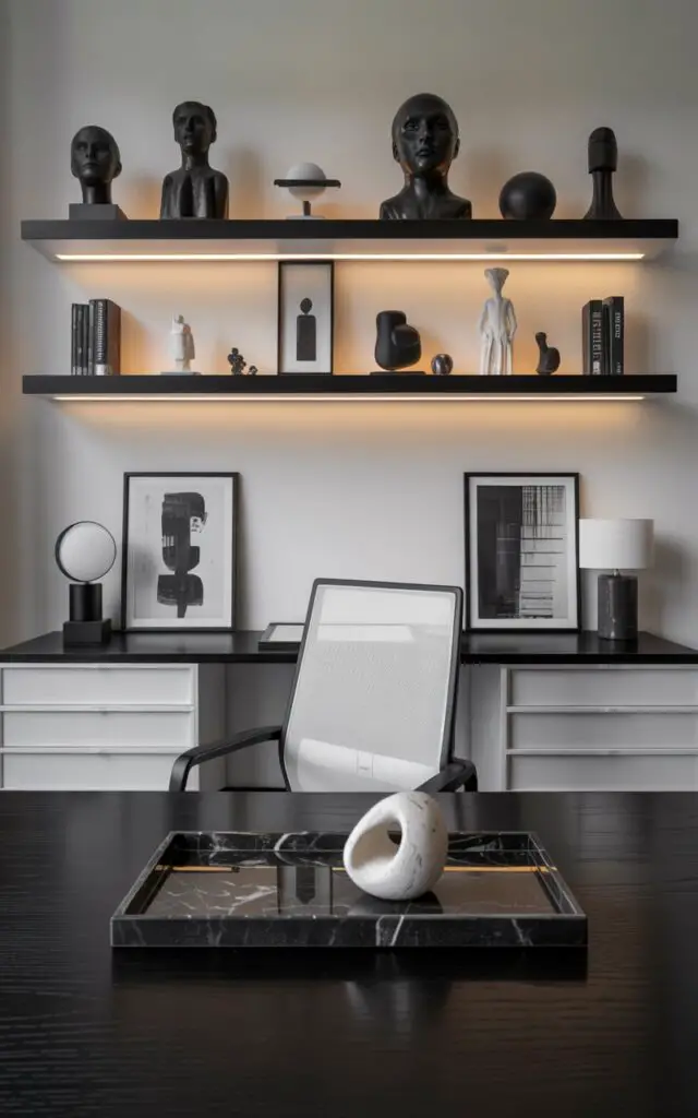 A photograph of a meticulously curated black and white office, showcasing a sleek black desk as the central focus. The desk features clean white drawers accented by a black marble tray holding a sculpted, organic white paperweight, paired with a supportive white chair featuring a black frame. Above the desk, a floating shelf displays a collection of artistic objects including abstract busts, graphic ceramics, and minimalist figurines, with matching wall-mounted art reinforcing the monochrome theme. Soft, diffused light illuminates the space, creating an atmosphere of calm creativity and highlighting the intentional design of this gallery-like office.
