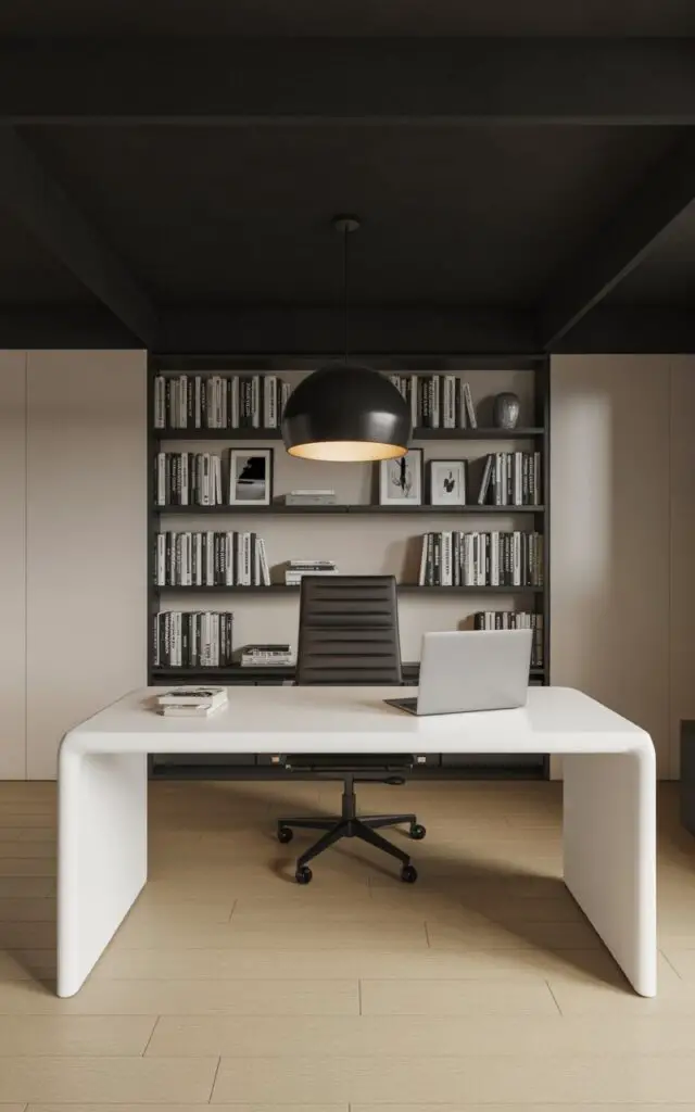 A photograph of a sleek, modern office space dominated by a bold matte black ceiling. A white minimalist desk with a single laptop sits center frame, positioned beneath a large black pendant light casting a warm glow on the surface. Behind the desk, built-in shelves display a curated collection of black and white books and framed prints, creating a sense of understated sophistication against the backdrop of light oak flooring and soft white walls. The scene exudes a calming ambiance, with natural light gently filtering through a nearby window, subtly highlighting the crisp lines of the black leather ergonomic chair.