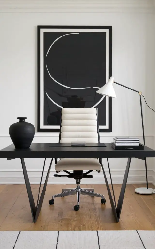 A photo of an elegant black and white office with a commanding black office desk with a sculptural metal base and a smooth matte finish. The desk pairs with a well-designed office chair upholstered in white leather with black accents. A large black-framed abstract print hangs on the white wall behind, echoing the desk's boldness. Natural wood floors balance the monochrome palette while a white task lamp with a black cord adds functionality and charm. The desktop holds a black ceramic vase and neatly stacked journals, contributing to the very well decorated and intentional styling. This space exudes confidence and creative clarity.