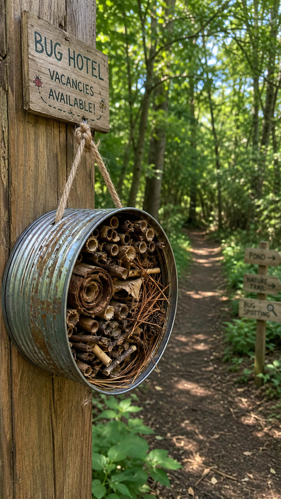 Bug hotel on a woodland trail