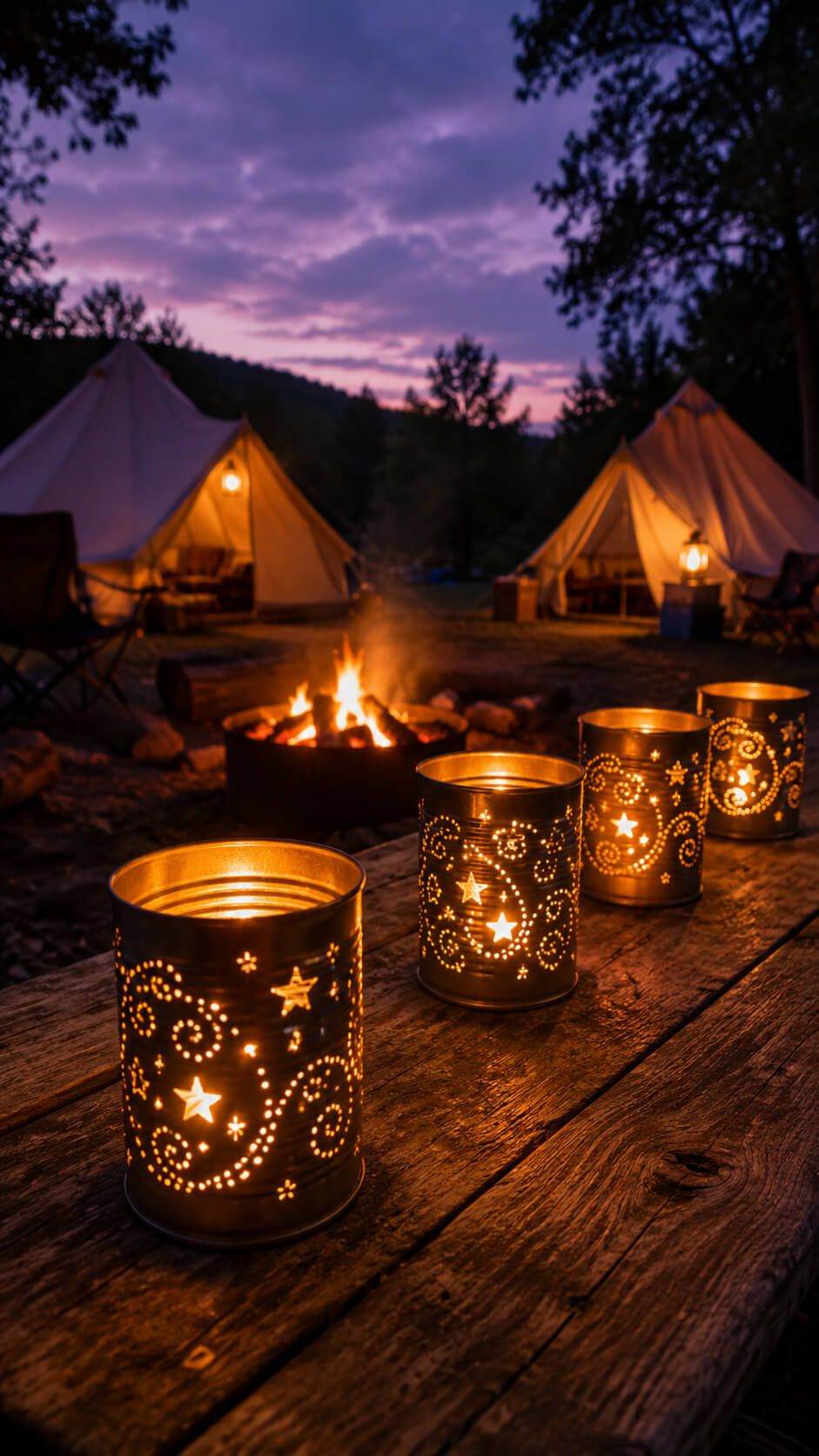 Cozy camping at dusk with lanterns