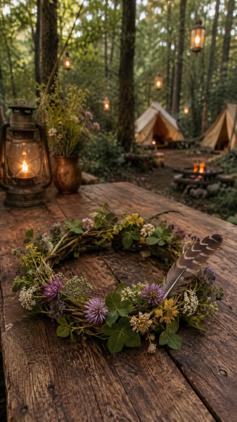 Cozy woodland camp with floral wreath