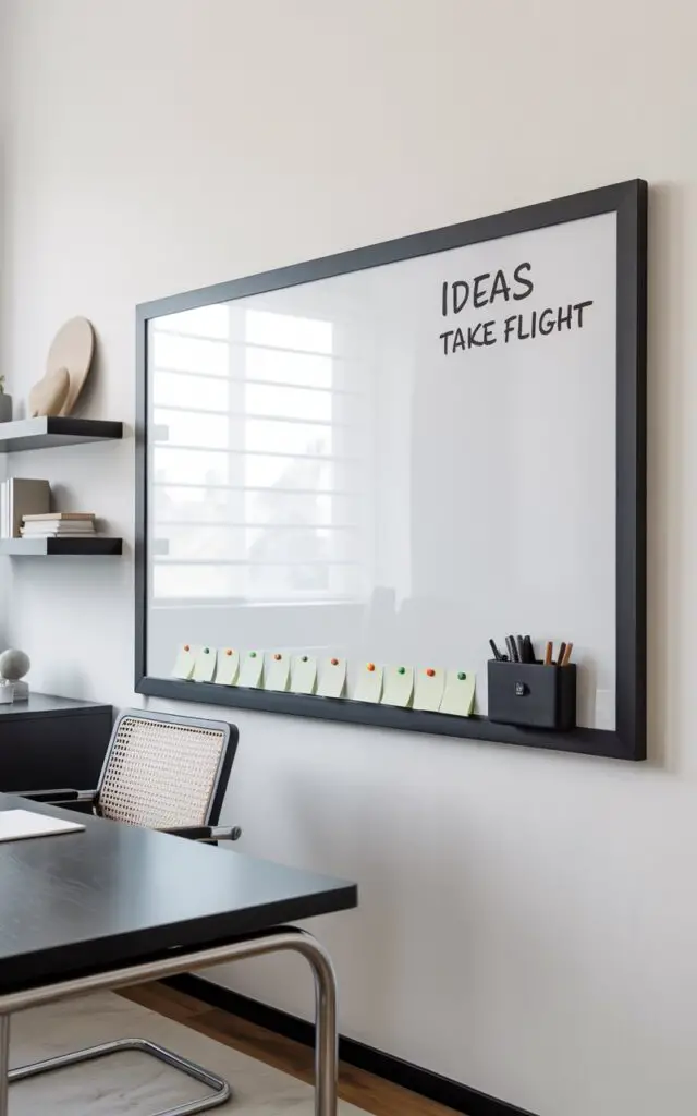 A photograph of a modern black and white office centered around a large whiteboard mounted on a pristine white wall. The whiteboard is framed in sleek matte black metal and features neat rows of sticky notes and a tidy black marker tray along its bottom edge, with the words “"Ideas Take Flight"" written in bold black marker near the top. Beneath the whiteboard sits a black table with chrome legs, complemented by a black mesh chair with a white padded backrest, creating a minimalist and organized workspace. Soft, diffused light filters through a nearby window, highlighting the clean lines of the room and accentuating the floating shelves with neutral-toned decor to the side.