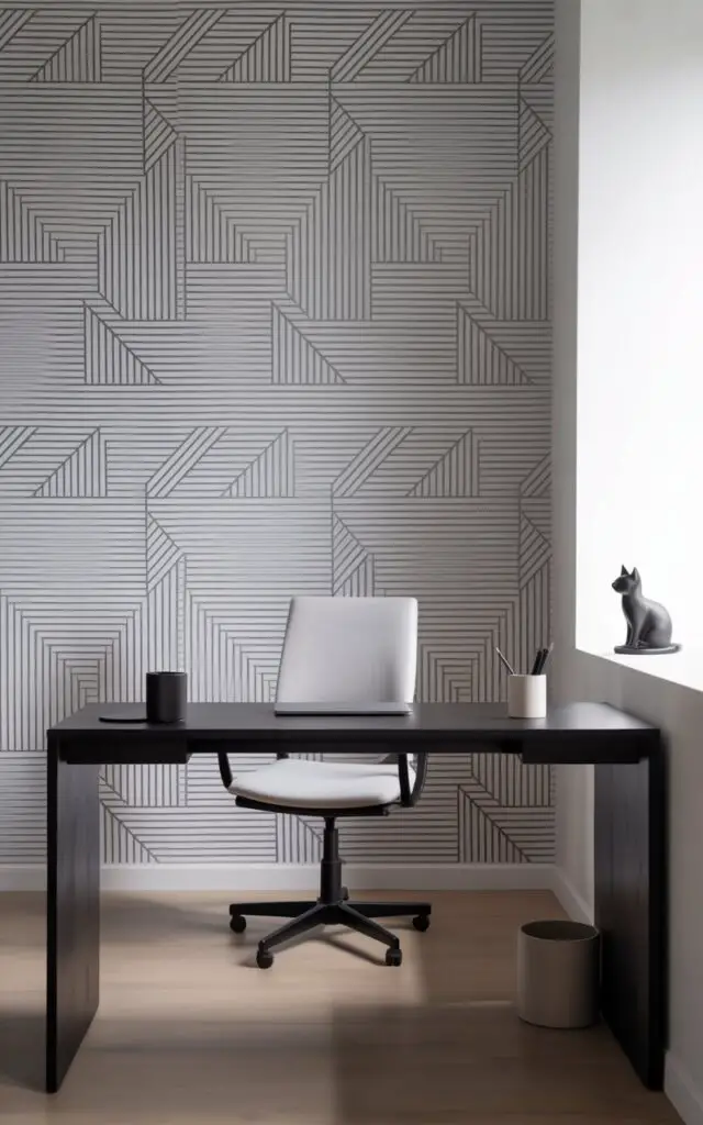 A photograph of a minimalist black office, dominated by a striking accent wall covered in bold geometric wallpaper of black lines against a white background. A matte black desk with a floating design sits centered before the wall, paired with a low-profile white chair featuring soft black armrests, creating a balanced composition. On the desk rests a white laptop stand, a simple black pen cup, and a small ceramic cat figure perched on the windowsill, catching the light from a nearby window. Soft, diffused natural light illuminates the space, highlighting the clean lines and thoughtful design of the entire office.