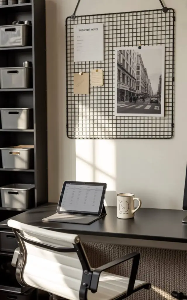 A photograph of a meticulously organized black and white office, focusing on the black metal grid memo board hanging above a sleek desk. The memo board displays a collection of "IMPORTANT NOTES" and a vintage black and white photograph of a bustling city street. Beneath the board, the black desk holds a tablet displaying a spreadsheet and a white ceramic coffee mug with a minimalist design, while a white ergonomic chair with black accents sits neatly nearby. Soft, diffused natural light streams through a nearby window, gently illuminating the monochrome bins on the adjacent shelves and the textured gray rug underfoot, creating a calming and efficient workspace.