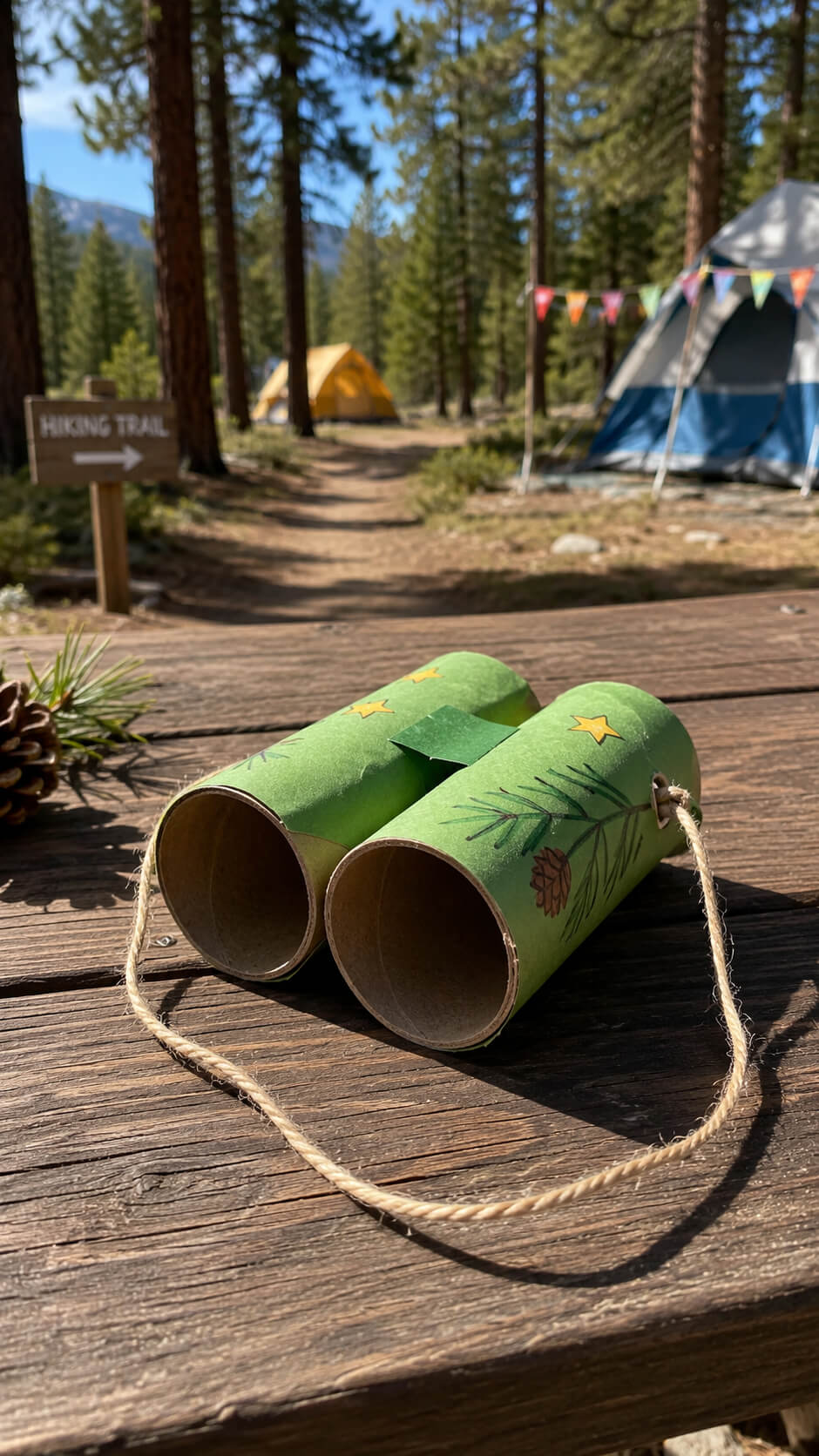 Handcrafted binoculars on picnic table