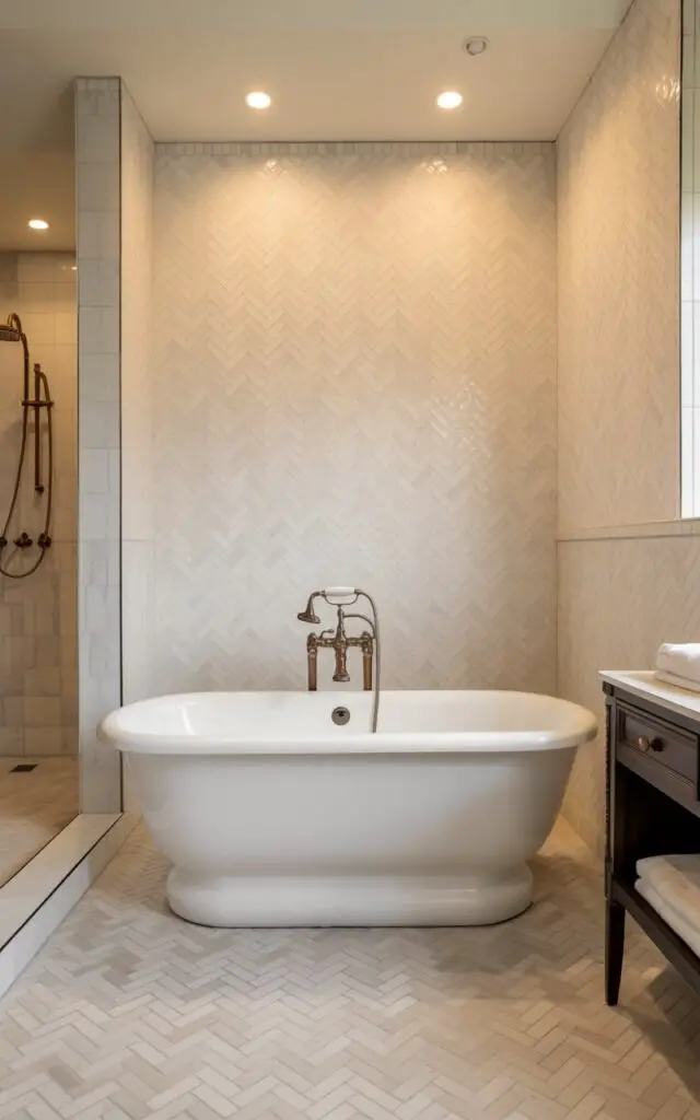 A photograph showcases a pristine white porcelain bathtub as the primary focus, positioned centrally within a luxuriously appointed bathroom. The bathtub rests upon a meticulously laid floor of soft ivory herringbone bathroom tiles that extend seamlessly up the shower walls, creating a dynamic visual flow. Champagne gold fixtures accent the space, complementing the warm glow cast by recessed lighting, while a dark wood vanity sits subtly to the side, adorned with a neatly folded white towel. The scene exudes a sense of refined elegance and tranquility, creating a calming and inviting atmosphere.