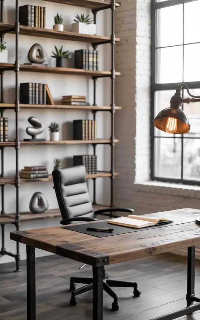 A photograph of a minimalist black and white office centered around a reclaimed wood desk. The desk, with its sturdy black iron legs, faces the camera and holds a single open notebook and a black fountain pen; a sleek black office chair with a white leather cushion sits poised nearby. Industrial pipe-style shelves, filled with a curated collection of leather-bound books, succulents, and brushed metal sculptures, stretch along the white brick wall, illuminated by a vintage factory-style lamp with a warm, exposed Edison bulb. Soft natural light streams in through a large window, highlighting the raw textures and creating a grounded, urban loft atmosphere.
