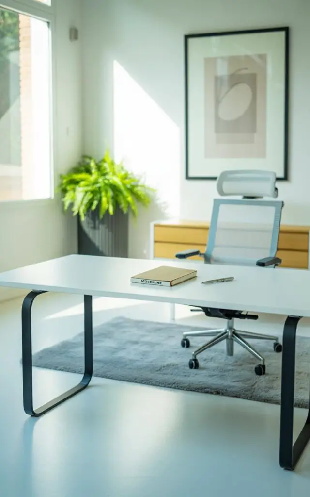 A photograph of a modern, minimalist office space bathed in soft natural daylight, featuring a sleek white desk as its focal point. The desk holds a single, closed "Moleskine" notebook and a silver fountain pen, while a black ergonomic chair with a white mesh headrest rests neatly behind it, subtly angled toward the desk. A tall, cylindrical black planter with a white base contains a vibrant green fern, positioned to the left of the desk, alongside a plush gray rug that subtly defines the workspace against the pristine white floors. Warm light streams through a large window, casting gentle shadows and highlighting the clean lines of the room’s black accents—desk legs, shelf brackets, and a framed abstract art print on the wall.