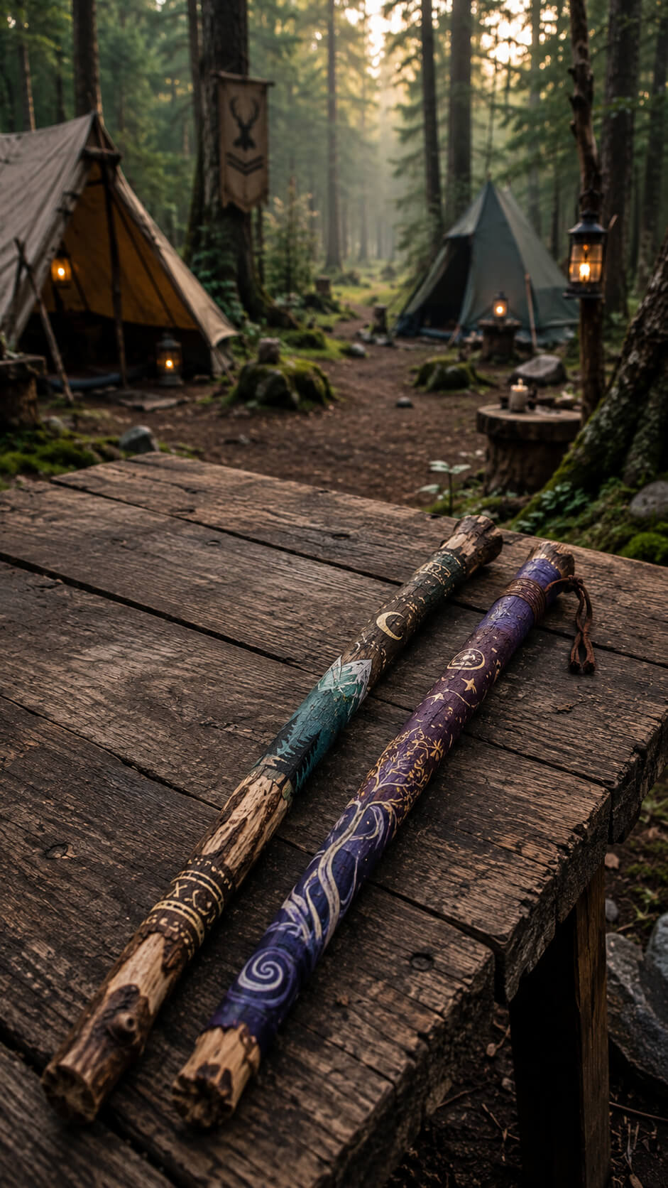Magical woodland campsite at dawn