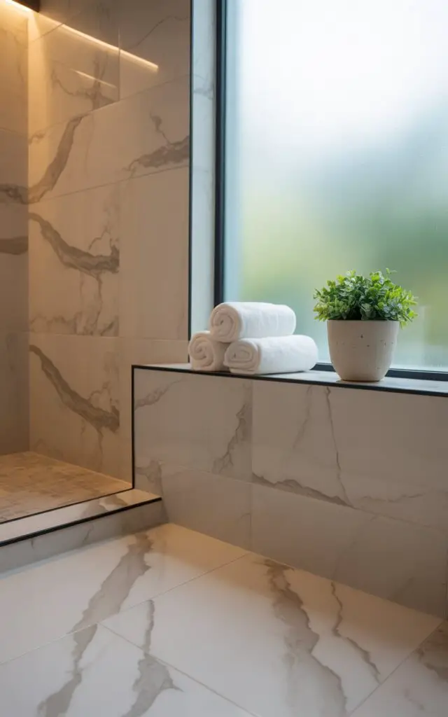 A photograph of a modern bathroom showcasing large-format marble-look tiles in soft grey veining on a polished white surface. The tiled floor extends seamlessly into the shower cubicle, which features a frosted glass window softly diffusing the natural light. Rolled white towels sit neatly on a floating shelf alongside a small ceramic planter with vibrant green foliage, contributing to the spa-like atmosphere. Gentle, diffused lighting illuminates the bathroom, highlighting the texture of the tiles and creating a sense of calm and luxury.