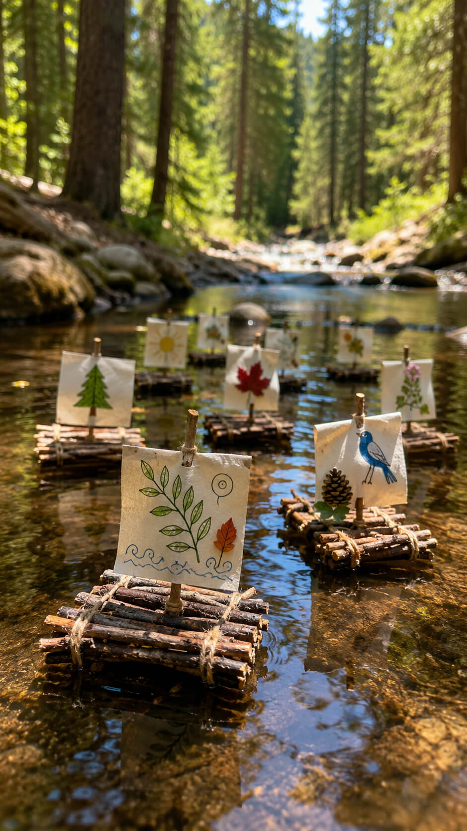 Mini sailboats on a forest stream