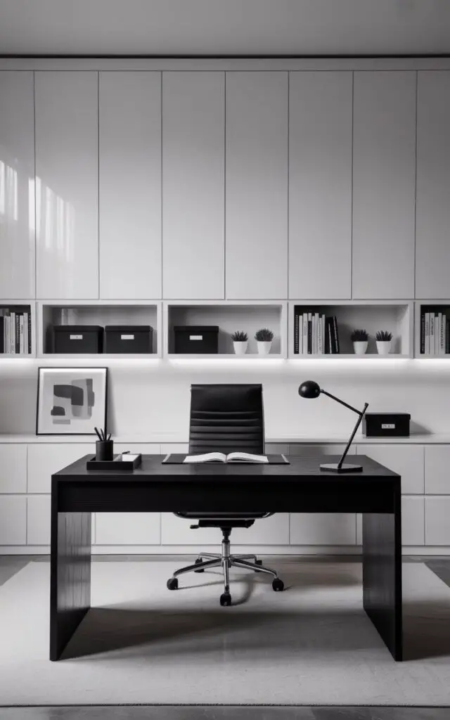 A photograph of a minimalist black and white office centered around a sleek black desk and chair set. The desk is positioned in the middle of the room, facing a wall of seamless white built-in cabinets, while a single abstract art print in grayscale tones hangs on the side wall. Above the desk, open shelves display monochrome storage boxes, black-and-white books, and tiny potted plants, contributing to the room's organized and well-decorated aesthetic. Soft, diffused light streams in from a hidden window, illuminating the space with a serene and creative ambiance.