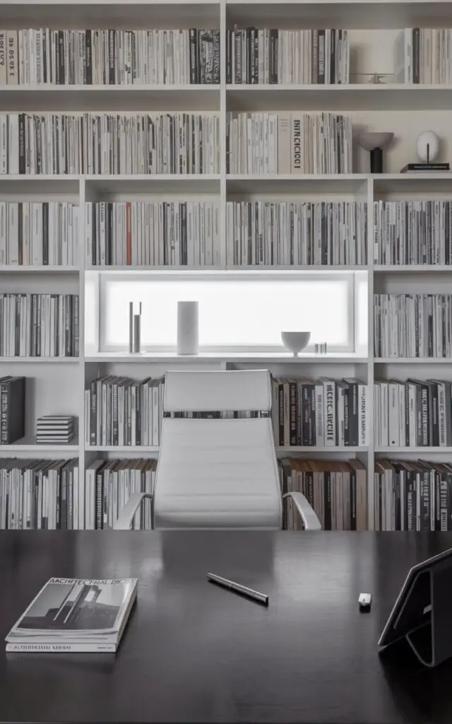 A photograph of a sleek, modern black and white office centered around a minimalist workspace. The focus is a black desk with a smooth surface holding a single silver pen and a small stack of "ARCHITECTURAL DIGEST" magazines, positioned directly facing floor-to-ceiling white shelving filled with meticulously arranged black and white books. Built-in shelving spans the entire wall, with a mix of horizontal and upright books accented by minimalist bookends and small decorative sculptures, while a white ergonomic chair with a breathable mesh back sits poised for use. Soft, diffused natural light streams in from a hidden window, highlighting the clean lines and intellectual elegance of the space.