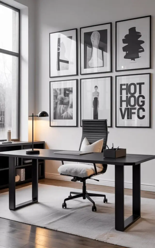 A photograph of a minimalist black and white office space with a striking, well-designed office table and chair as the central focus. The desk, featuring a matte black finish, is positioned directly in front of a gallery wall displaying framed monochromatic abstract art, fashion illustrations, and bold typography prints, each encased in thin black frames. A soft white cushion adorns the ergonomic chair with a black metal base, and natural light streams in from large windows, illuminating clean-lined shelving nearby with a sleek black floor lamp contributing a touch of height and balance to the room. The overall effect is one of calm sophistication, with a gentle glow emphasizing the well-decorated space.