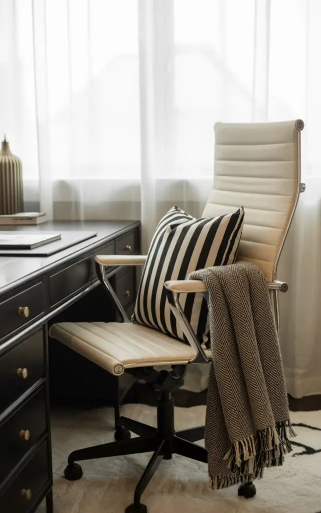 A photograph showcases a meticulously designed corner of a black and white office, emphasizing layered textures and a playful contrast of patterns. A matte black desk with elegant brass accents holds a sleek, high-back ergonomic chair upholstered in pristine white leather, while a black-and-white striped pillow rests atop a nearby chair. Beside the desk, a cozy reading nook features a plush white cushion, complemented by a geometric throw blanket in a herringbone pattern draped casually over the chair's armrest. Soft, diffused natural light filters through sheer white curtains, highlighting the well-decorated space and creating a warmly personal and functional atmosphere.