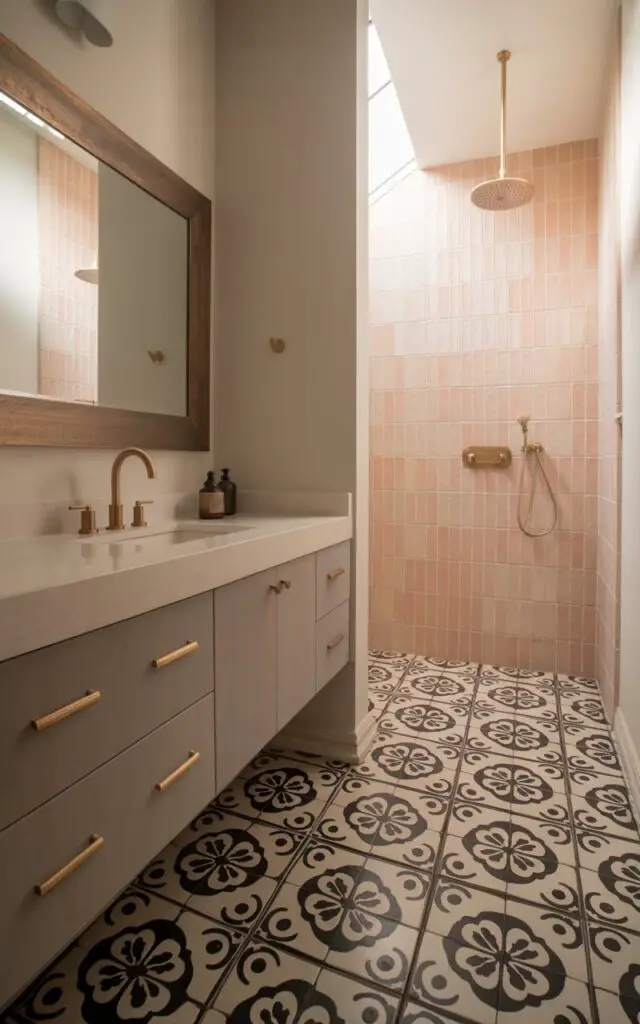 A photograph of a luxuriously styled bathroom showcasing a striking blend of tile patterns. The focal point is a floating vanity with a smooth, white quartz countertop and brushed brass hardware, positioned beneath a large, asymmetrical mirror with a dark wood frame. Below, the floor features bold black-and-white encaustic cement tiles in a swirling floral pattern that contrasts with the pale blush vertical tiles lining the nearby walk-in shower, illuminated by a soft, diffused light filtering in from a nearby window. The space is completed by subtle natural wood accents and brushed brass fixtures, creating a serene and well-designed atmosphere.