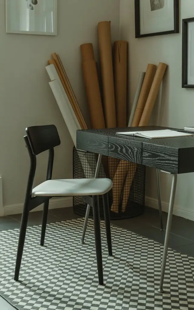 A photograph of a minimalist black office chair positioned on a striking checkered rug. The chair's white cushioned seat contrasts with its matte black frame, facing a sleek black woodgrain desk with steel legs. Behind the chair, a black wire basket overflows with neatly rolled prints and sketchbooks, while the white walls are adorned with subtle black-framed prints. Soft, diffused natural light illuminates the scene, emphasizing the geometric patterns of the rug and creating a sense of calm, focused professionalism.