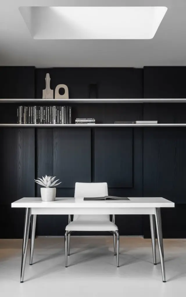A photograph of a minimalist black and white office showcasing a sleek white desk and chair as the central focus. The desk, with its clean white surface and slender chrome legs, is positioned directly in front of a deep matte black accent wall, creating a striking contrast. A floating white shelf system above the desk holds neatly arranged black-bound books and minimalist ceramic sculptures. Soft, diffused light streams in from an unseen window, highlighting the geometric lines of the furniture and casting subtle shadows on the black wall, with a single white potted succulent adding a touch of organic texture.