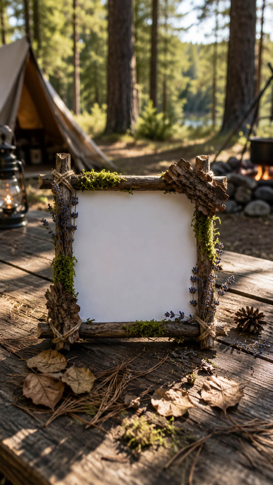 Rustic woodland camp with twig frame