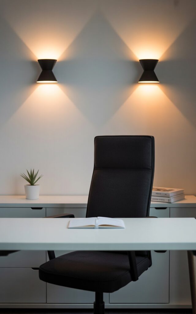 A photograph of a modern black and white office interior showcasing a minimalist desk setup. The desk, a crisp white surface with sleek black hardware, is centered in the frame and paired with an ergonomic black upholstered chair. Two black wall sconces are mounted above the desk, casting a warm downward glow and illuminating a nearby white shelf adorned with a single potted succulent and a stack of books. The scene exudes a calm and focused atmosphere, enhanced by the soft, diffused lighting and clean design.