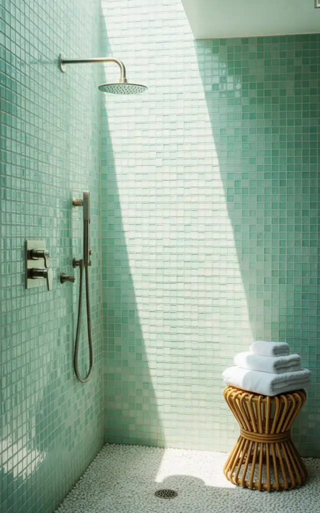 A photograph showcasing a luxurious bathroom interior, with the primary focus on a shimmering sea glass shower wall. The shower walls are a breathtaking mosaic of aqua, teal, and mint-colored tiles, reflecting light to create a subtle, glimmering effect that evokes the ocean. Below the shower, white pebbled flooring and brushed nickel fixtures provide a textural and modern contrast, while a rattan stool adorned with fluffy white towels sits nearby, creating a serene coastal ambiance. Soft, natural light streams through a high window, highlighting the translucent tiles and bathing the space in a warm, inviting glow.