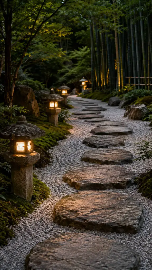 Serene Japanese garden at dusk