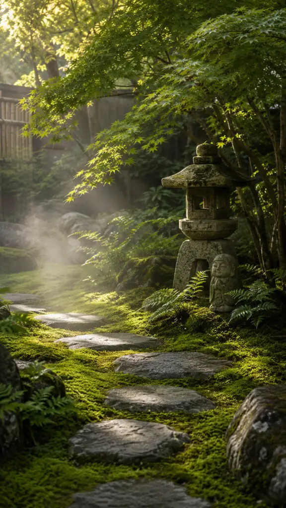 Serene Japanese garden path in mist