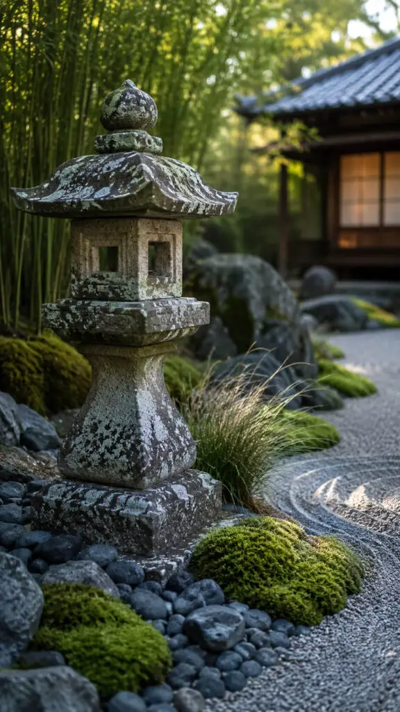 Serene Japanese garden with stone lantern