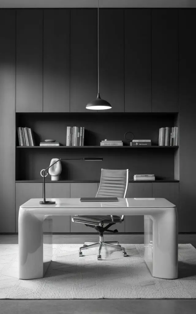A photograph of a minimalist black and white office centered around a glossy white desk. The desk reflects the soft light from a single pendant lamp hanging above, highlighting the sleek surface and the ergonomic matte black swivel chair positioned behind it. A subtle geometric-patterned white rug lies beneath the desk and chair, while built-in matte black shelves displaying a few carefully selected books and a ceramic sculpture sit against the wall behind, creating a striking contrast. The scene is bathed in gentle, diffused light, emphasizing the textures and clean lines of the office space.