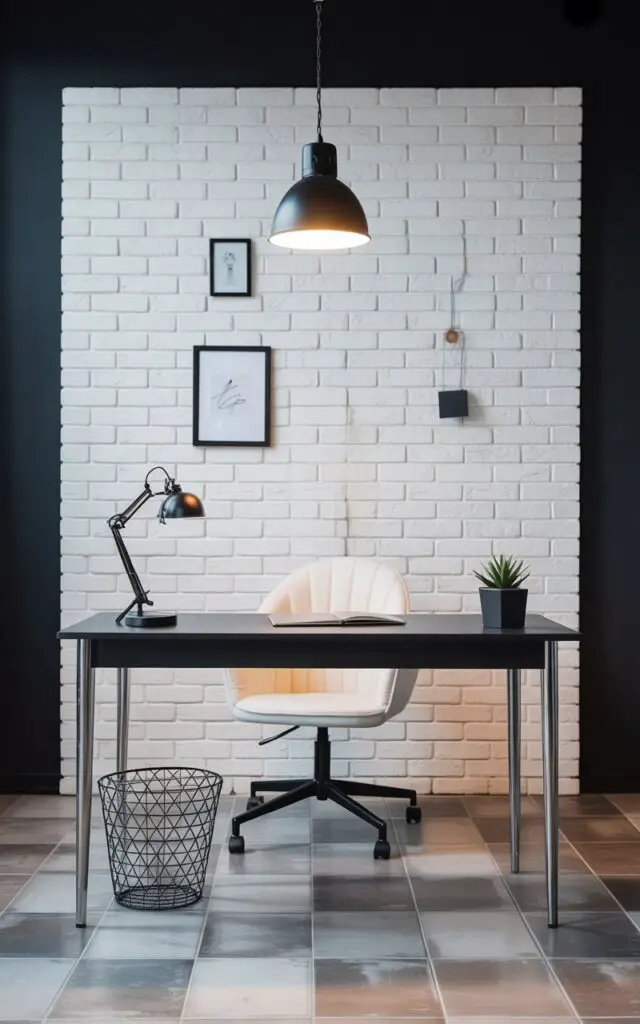 A photograph of a modern black and white office centered around a striking white brick accent wall. A matte black desk with polished silver legs sits directly in front of the wall, paired with a comfortable white bucket-style chair on a black base, all bathed in the warm glow of a black industrial pendant light hanging overhead. Minimalist black framed wall art and a small potted succulent add subtle personality to the space, while a woven wire basket sits neatly beneath the desk. The textured tile floor adds depth and character, creating a clean and stylish workspace.