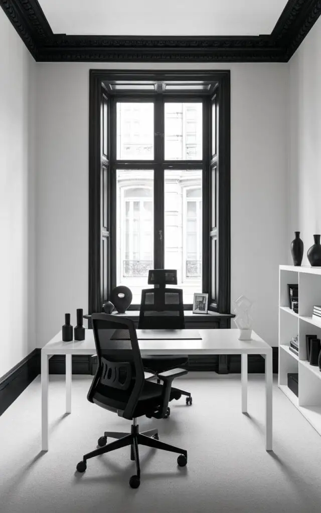 A tastefully designed black and white office where clean white walls are sharply defined by black trim around the baseboards, windows, and crown molding. A well-designed office table and chair sit centered in front of a large window framed in matte black, letting light wash over the monochrome palette. The desk is white with minimal lines, complemented by a black mesh chair with contoured lumbar support. A white bookshelf stands nearby, accented by small black vases and sculptural objects. The entire space is very well decorated, with every contrast thoughtfully placed to bring balance and elegance to the crisp office layout.