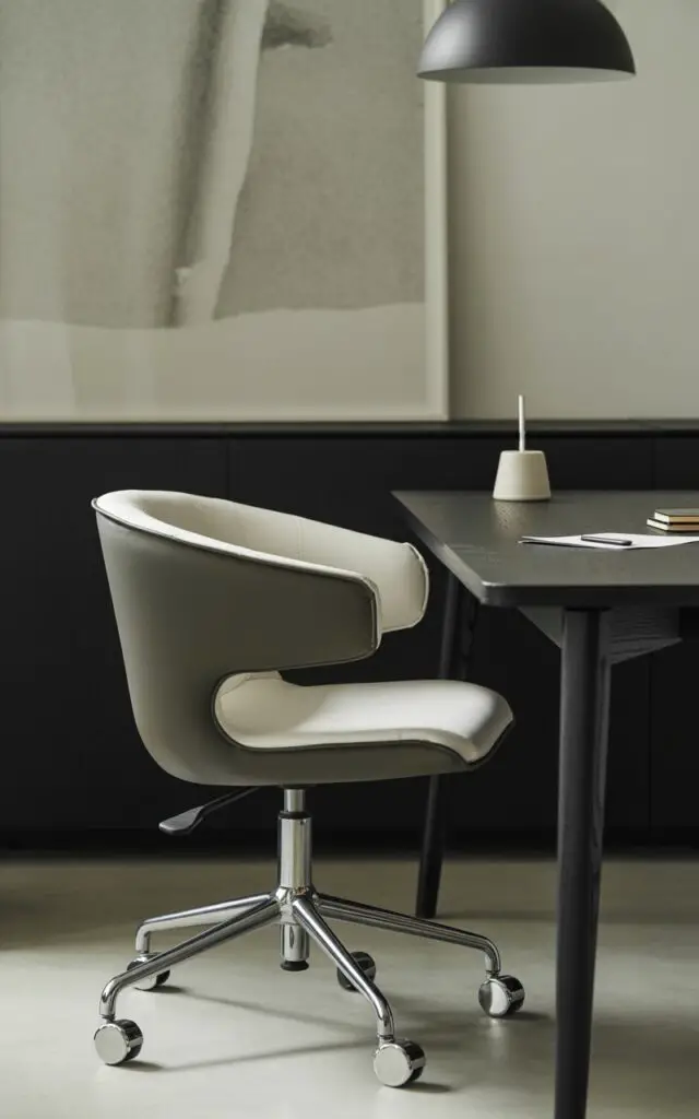 A photograph of a sleek, two-tone office chair positioned in a modern black and white workspace. The chair features a contoured white leather seat with visible stitching and a matte black frame, resting on polished chrome caster wheels. A minimalist matte black desk sits directly in front of the chair, holding a single white ceramic pen holder and a small stack of papers, while a muted monochrome print hangs on the wall behind it. Soft, diffused lighting from a black pendant lamp illuminates the scene, creating a sense of calm and focused productivity.