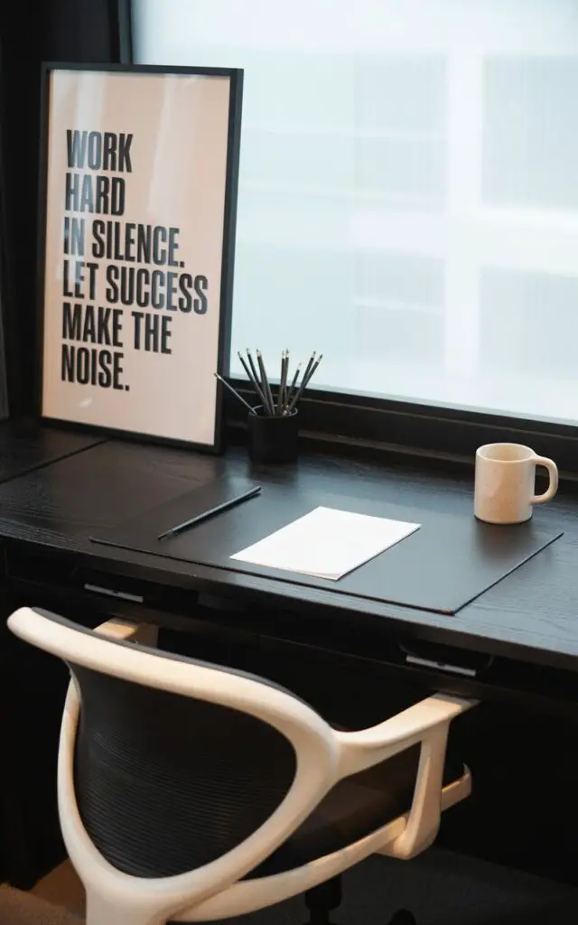 A photograph of a sleek, minimalist black desk set against a backdrop of a modern black and white office. The desk features a matte black surface with a pristine white writing pad, accompanied by a curved white chair with a breathable black mesh back. Above the desk, a striking black-on-white typography print proclaims "Work hard in silence. Let success make the noise." Soft, diffused natural light streams in from a nearby window, subtly illuminating the clean lines of the workspace and the carefully placed black pencil holder and ceramic mug.