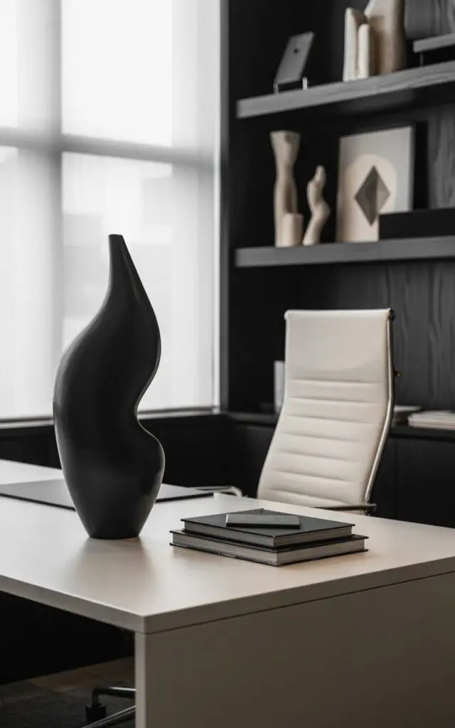A photograph of a minimalist black office showcasing a striking sculptural vase as its centerpiece. The vase, matte black and abstractly shaped, sits on a pristine white desk beside a neatly stacked set of three black-bound books. The desk is accented by a sleek black office chair with crisp white cushions and a tall, supportive back, while behind it, floating shelves display a collection of geometric sculptures and minimalist art prints. Soft, diffused natural light filters through a large window, creating subtle shadows and highlighting the elegant simplicity of the space.