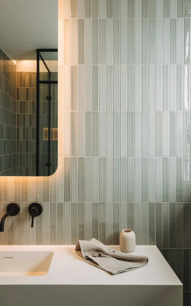 A photograph of a modern, well-decorated bathroom centered around a striking vertical stack of muted sage-colored tiles. The rectangular tiles are perfectly aligned in vertical columns, drawing the eye upwards and emphasizing the room's height, while sleek matte black fixtures provide a sharp contrast to the soft tile color. A minimalist white wall-mounted vanity sits beneath a backlit mirror, and a simple ceramic soap dish rests beside a neatly folded linen hand towel. Soft, diffused natural light filters in through a nearby window, gently illuminating the clean lines and creating a sense of calm and sophisticated design.