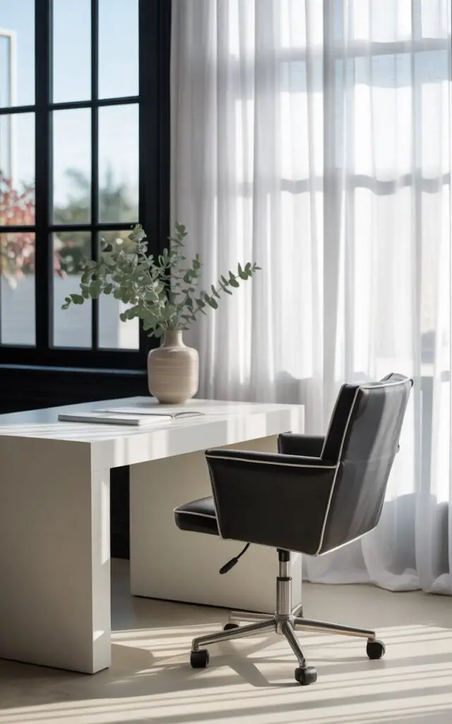 A photograph of an elegantly styled black and white office bathed in soft natural light. A sleek, white desk sits near a large window framed in bold black trim, with a black leather swivel chair positioned in front, accented by crisp white piping. A simple ceramic vase holding fresh eucalyptus sits on the window sill, while a sheer white curtain gently diffuses the incoming light, creating subtle shadows across the minimalist space. The scene evokes a sense of calm and sophisticated productivity, highlighted by the bright openness and structured contrast of the design.