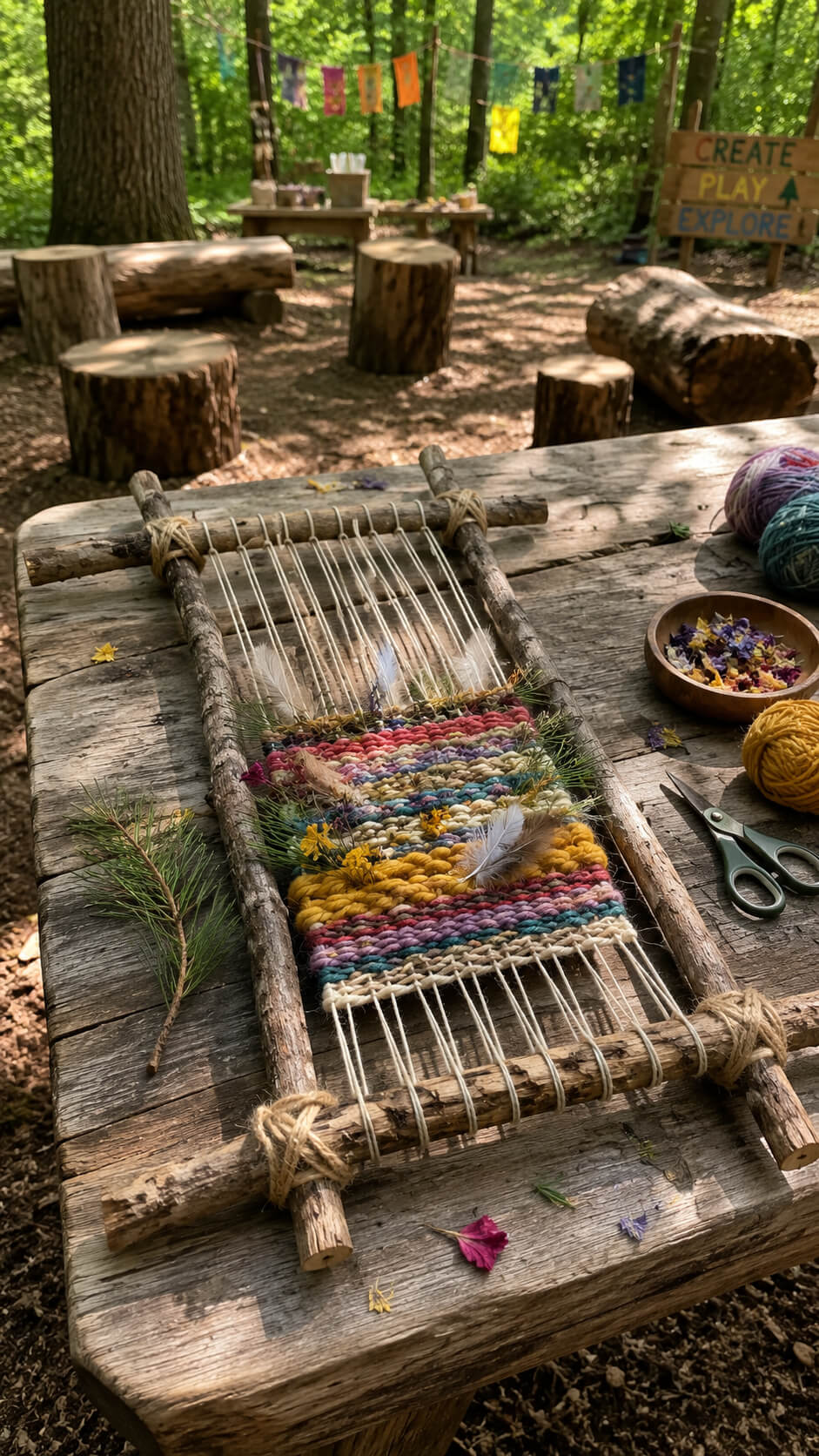 Woodland crafting and weaving setup